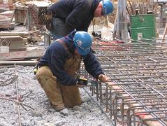 Construction site where reinforced steel is fixed with an automatic rebar tier